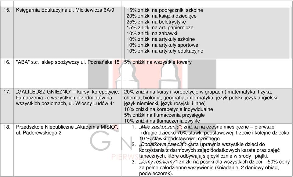 Poznańska 15 5% zniŝki na wszystkie towary 17. GALILEUSZ GNIEZNO kursy, korepetycje, tłumaczenia ze wszystkich przedmiotów na wszystkich poziomach, ul. Wiosny Ludów 41 18.