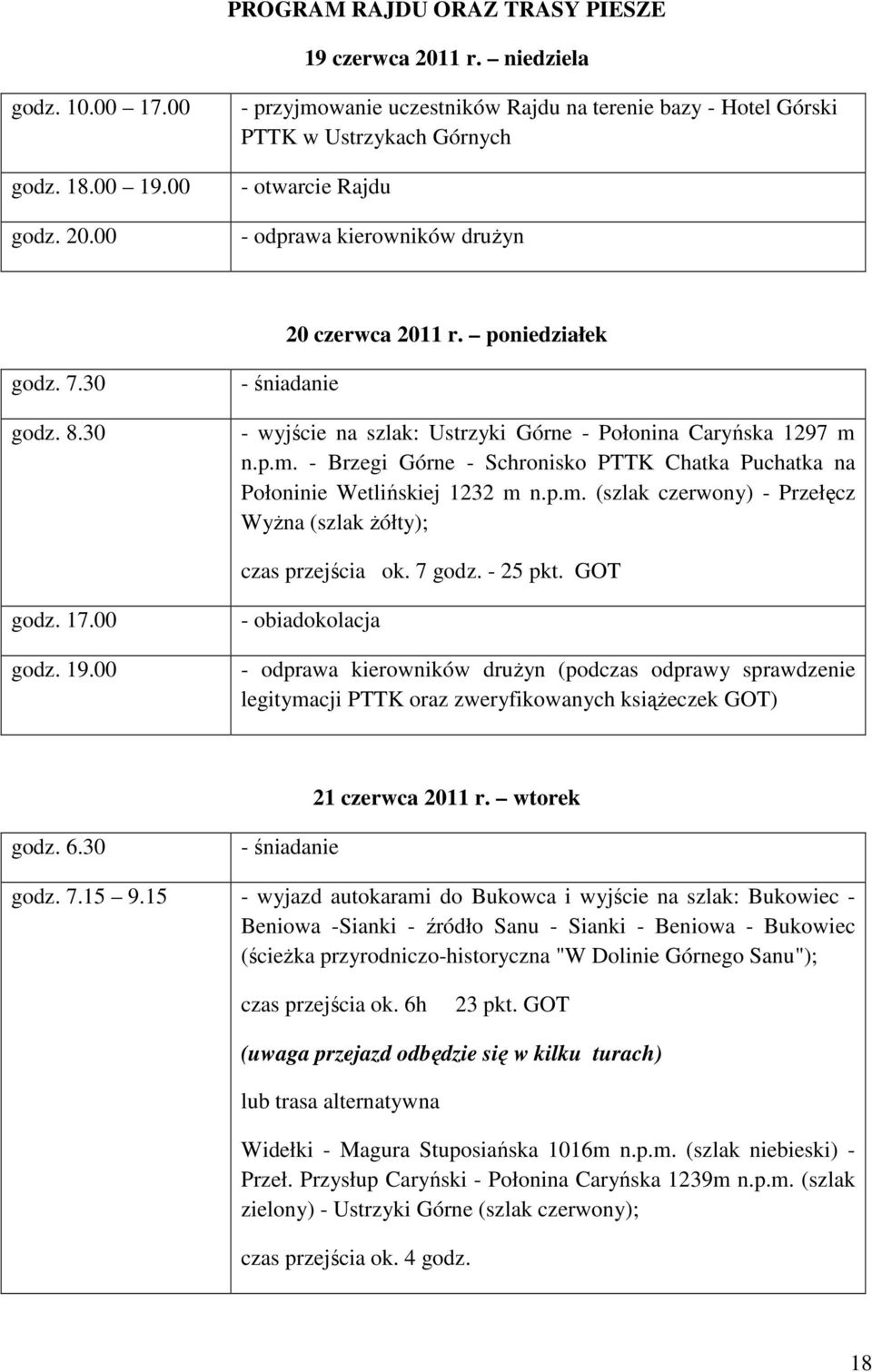 00 - przyjmowanie uczestników Rajdu na terenie bazy - Hotel Górski PTTK w Ustrzykach Górnych - otwarcie Rajdu - odprawa kierowników druŝyn 20 czerwca 2011 r. poniedziałek godz. 7.30 godz. 8.