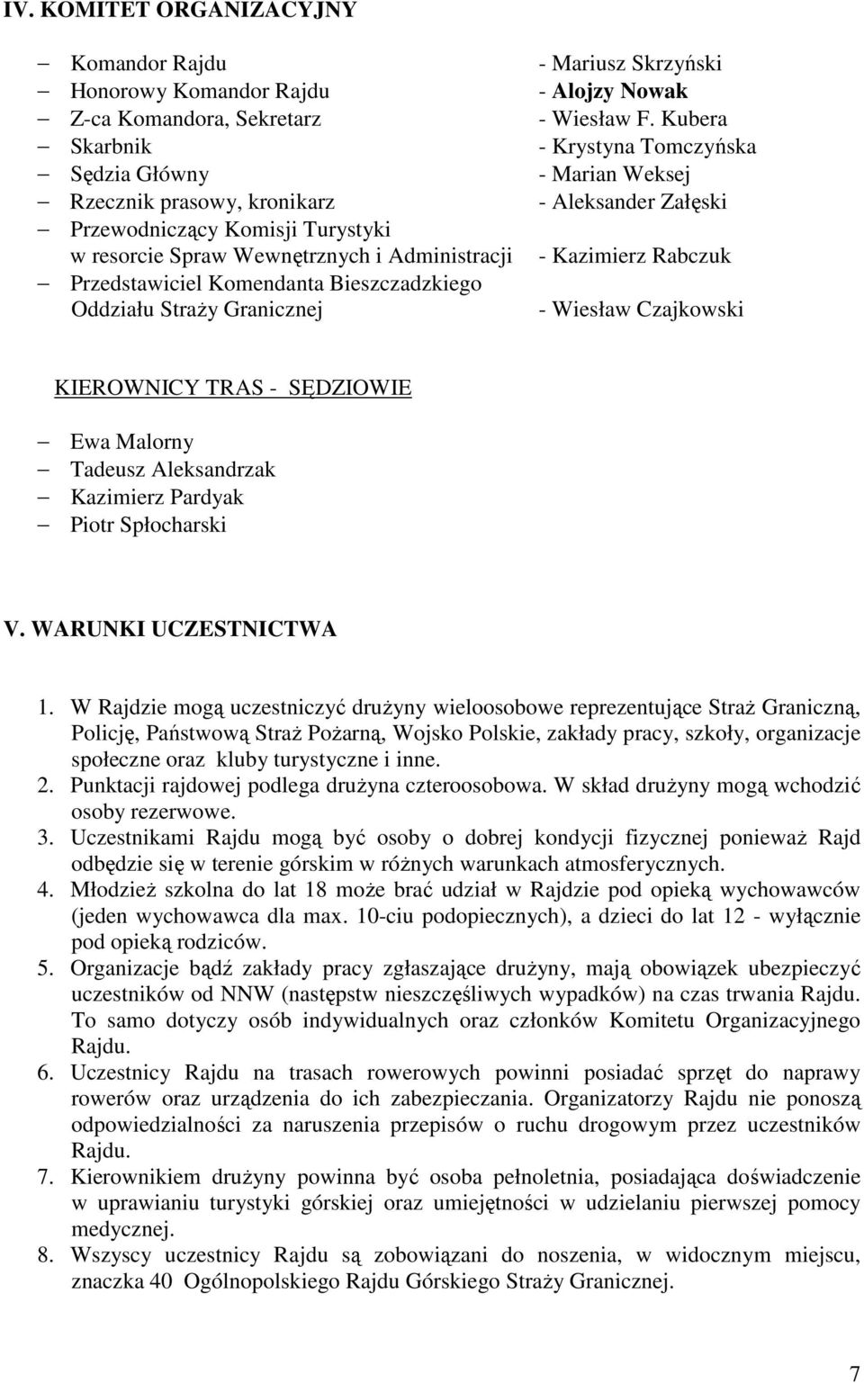 Kubera - Krystyna Tomczyńska - Marian Weksej - Aleksander Załęski - Kazimierz Rabczuk - Wiesław Czajkowski KIEROWNICY TRAS - SĘDZIOWIE Ewa Malorny Tadeusz Aleksandrzak Kazimierz Pardyak Piotr