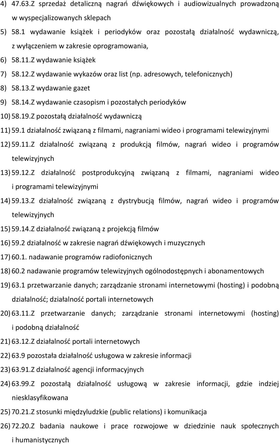 adresowych, telefonicznych) 8) 58.13.Z wydawanie gazet 9) 58.14.Z wydawanie czasopism i pozostałych periodyków 10) 58.19.Z pozostałą działalność wydawniczą 11) 59.