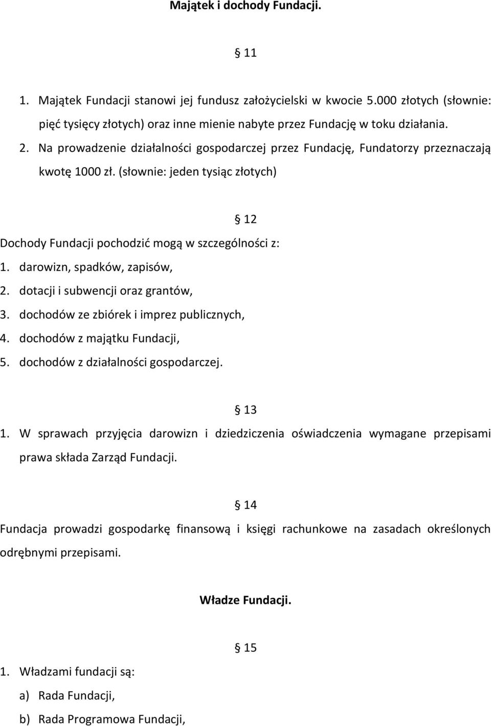 darowizn, spadków, zapisów, 2. dotacji i subwencji oraz grantów, 3. dochodów ze zbiórek i imprez publicznych, 4. dochodów z majątku Fundacji, 5. dochodów z działalności gospodarczej. 13 1.