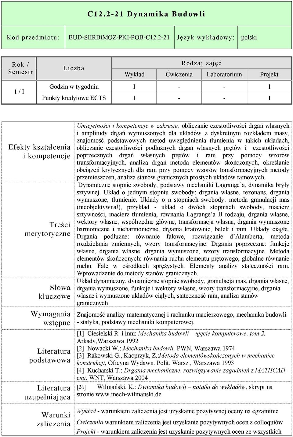 amplitudy drgań wymuszonych dla układów z dyskretnym rozkładem masy, znajomość podstawowych metod uwzględnienia tłumienia w takich układach, obliczanie częstotliwości podłużnych drgań własnych prętów