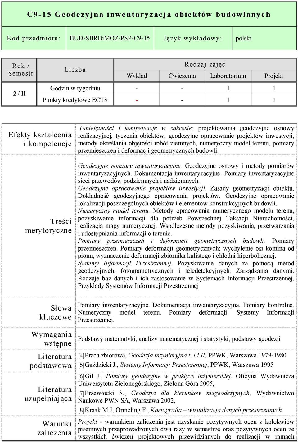 model terenu, pomiary przemieszczeń i deformacji geometrycznych budowli. Geodezyjne pomiary inwentaryzacyjne. Geodezyjne osnowy i metody pomiarów inwentaryzacyjnych. Dokumentacja inwentaryzacyjne.