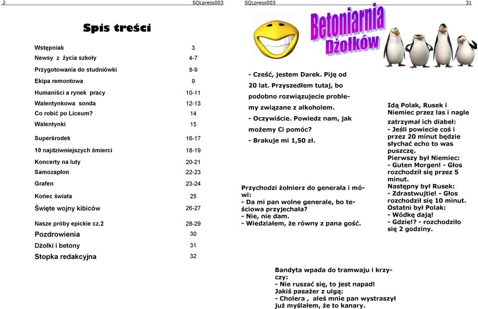 2 28-29 Pozdrowienia 30 Dżołki i betony 31 Stopka redakcyjna 32 - Cześć, jestem Darek. Piję od 20 lat. Przyszedłem tutaj, bo podobno rozwiązujecie problemy związane z alkoholem. - Oczywiście.