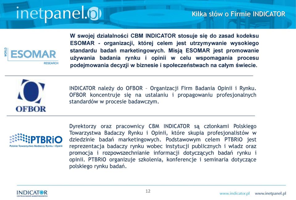 INDICATOR należy do OFBOR Organizacji Firm Badania Opinii i Rynku. OFBOR koncentruje się na ustalaniu i propagowaniu profesjonalnych standardów w procesie badawczym.