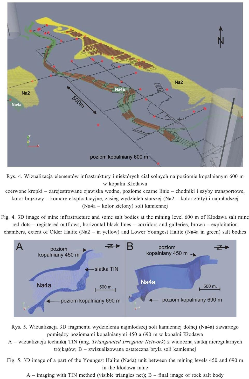 transportowe, kolor br¹zowy komory eksploatacyjne, zasiêg wydzieleñ starszej (Na2 kolor ó³ty) i najm³odszej (Na4a kolor zielony) soli kamiennej Fig. 4.