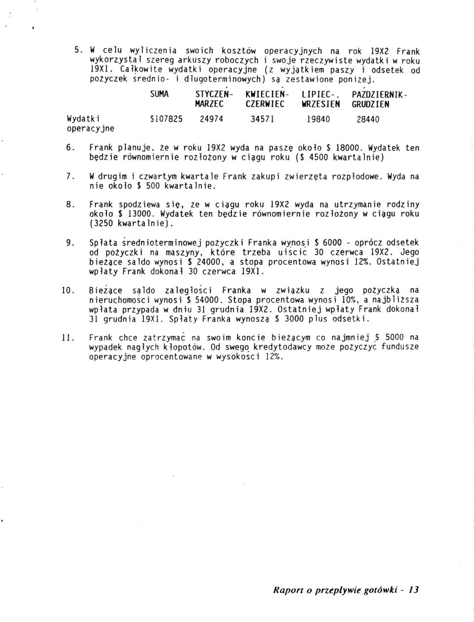 PAZDZIERNIK HARZEC CZERWIEC WRZESIEN GRUDZIEN Wydatki $107825 24974 34571 19840 28440 operacyjne 6. Frank planuje, le w roku 19X2 wyda na pasze oko1o $ 18000.