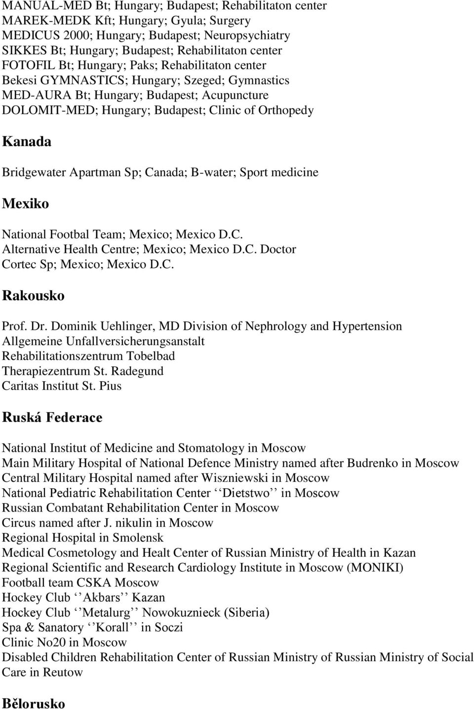 Bridgewater Apartman Sp; Canada; B-water; Sport medicine Mexiko National Footbal Team; Mexico; Mexico D.C. Alternative Health Centre; Mexico; Mexico D.C. Doctor Cortec Sp; Mexico; Mexico D.C. Rakousko Prof.