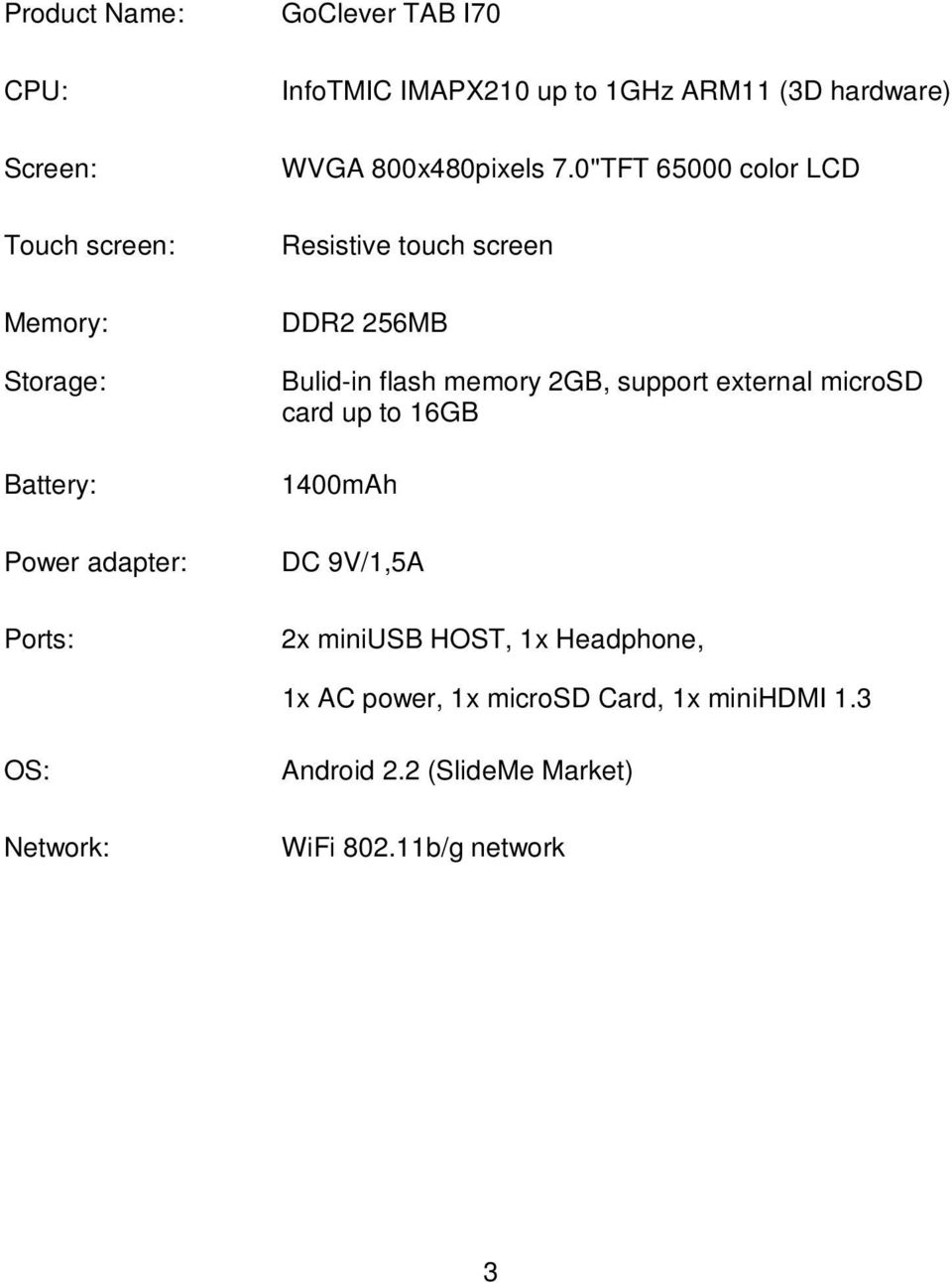 0''TFT 65000 color LCD Resistive touch screen DDR2 256MB Bulid-in flash memory 2GB, support external microsd card