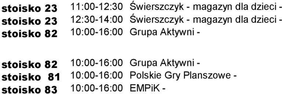 10:00-16:00 Grupa Aktywni - stoisko 82 10:00-16:00 Grupa Aktywni -