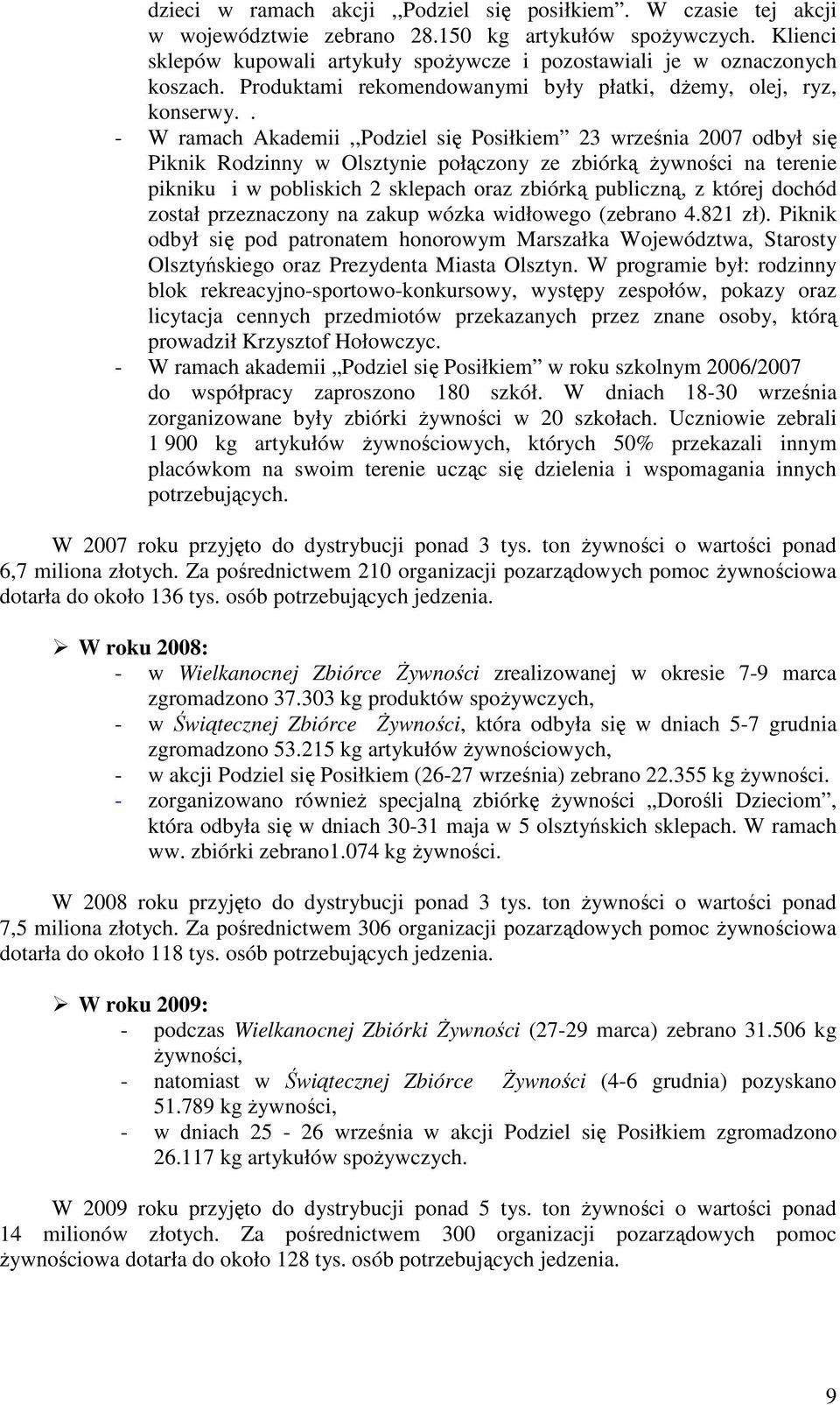 . - W ramach Akademii,,Podziel się Posiłkiem 23 września 2007 odbył się Piknik Rodzinny w Olsztynie połączony ze zbiórką żywności na terenie pikniku i w pobliskich 2 sklepach oraz zbiórką publiczną,