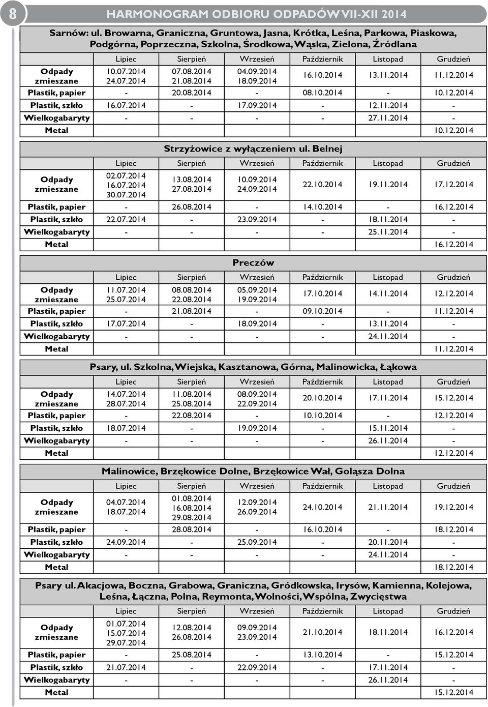 Listopad Grudzień 10.07.2014 24.07.2014 07.08.2014 21.08.2014 04.09.2014 18.09.2014 16.10.2014 13.11.2014 11.12.2014 Plastik, papier - 20.08.2014-08.10.2014-10.12.2014 Plastik, szkło 16.07.2014-17.09.2014-12.