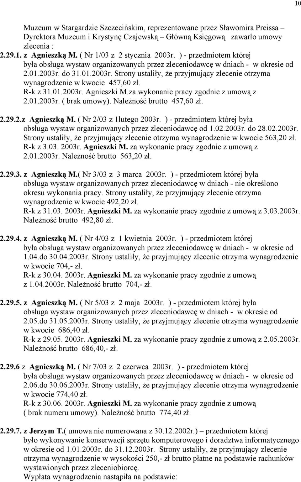 R-k z 31.01.2003r. Agnieszki M.za wykonanie pracy zgodnie z umową z 2.01.2003r. ( brak umowy). Należność brutto 457,60 zł. 2.29.2.z Agnieszką M. ( Nr 2/03 z 1lutego 2003r.