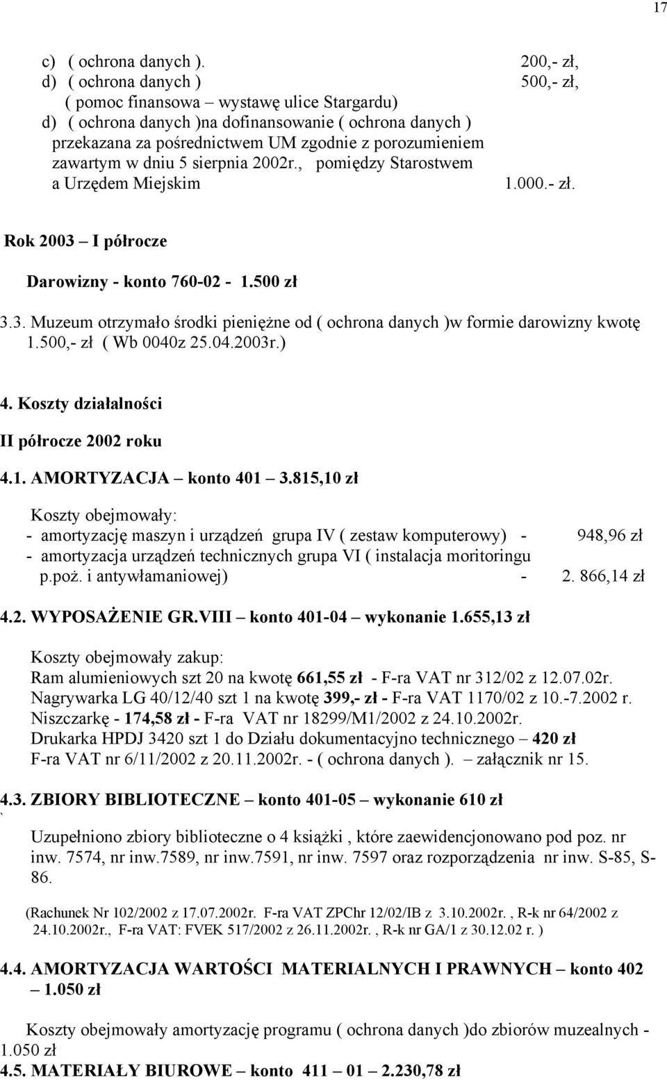 zawartym w dniu 5 sierpnia 2002r., pomiędzy Starostwem a Urzędem Miejskim 1.000.- zł. Rok 2003 I półrocze Darowizny - konto 760-02 - 1.500 zł 3.3. Muzeum otrzymało środki pieniężne od ( ochrona danych )w formie darowizny kwotę 1.