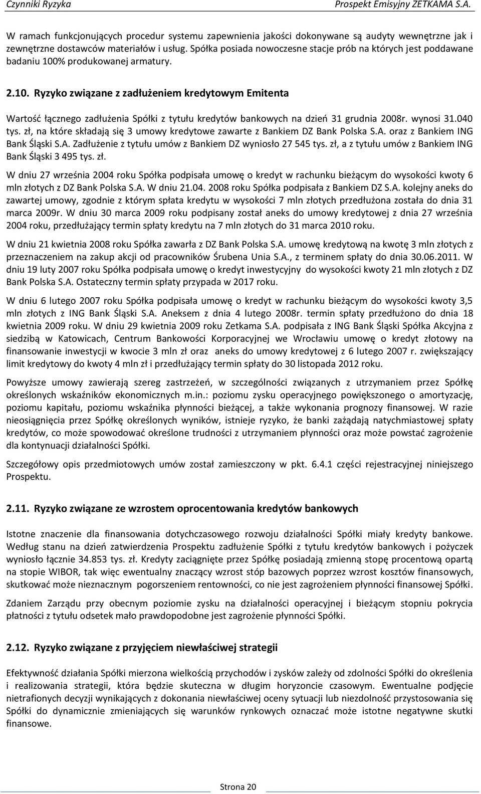 % produkowanej armatury. 2.10. Ryzyko związane z zadłużeniem kredytowym Emitenta Wartośd łącznego zadłużenia Spółki z tytułu kredytów bankowych na dzieo 31 grudnia 2008r. wynosi 31.040 tys.