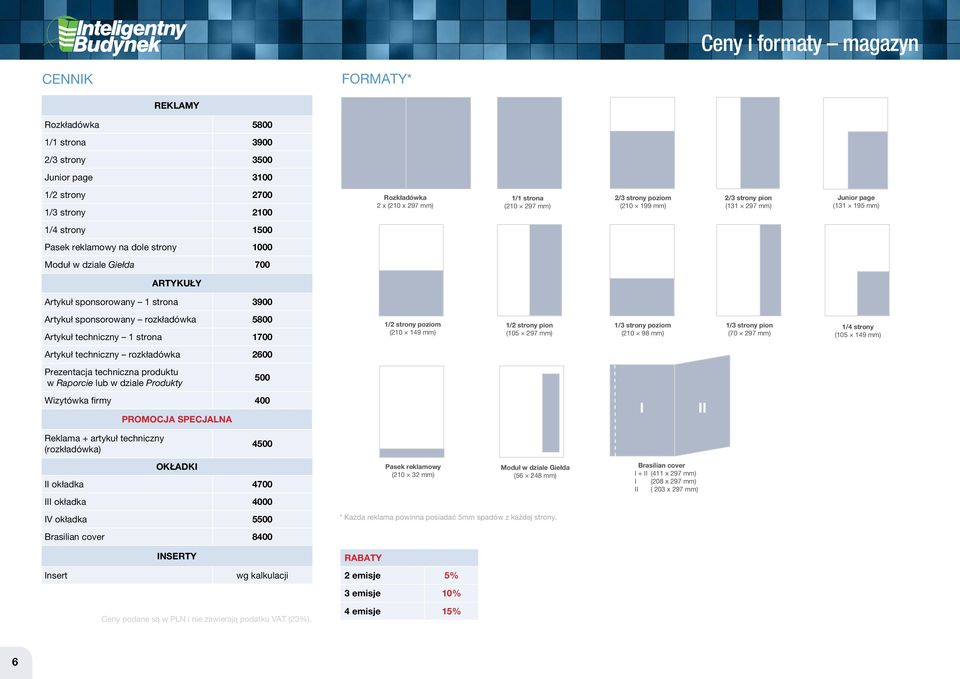 strona 3900 Artykuł sponsorowany rozkładówka 5800 Artykuł techniczny 1 strona 1700 1/2 strony poziom (210 149 mm) 1/2 strony pion (105 297 mm) 1/3 strony poziom (210 98 mm) 1/3 strony pion (70 297