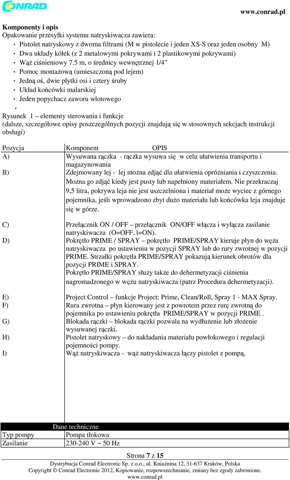 5 m, o średnicy wewnętrznej 1/4" Pomoc montażową (umieszczoną pod lejem) Jedną oś, dwie płytki osi i cztery śruby Układ końcówki malarskiej Jeden popychacz zaworu wlotowego Rysunek 1 elementy