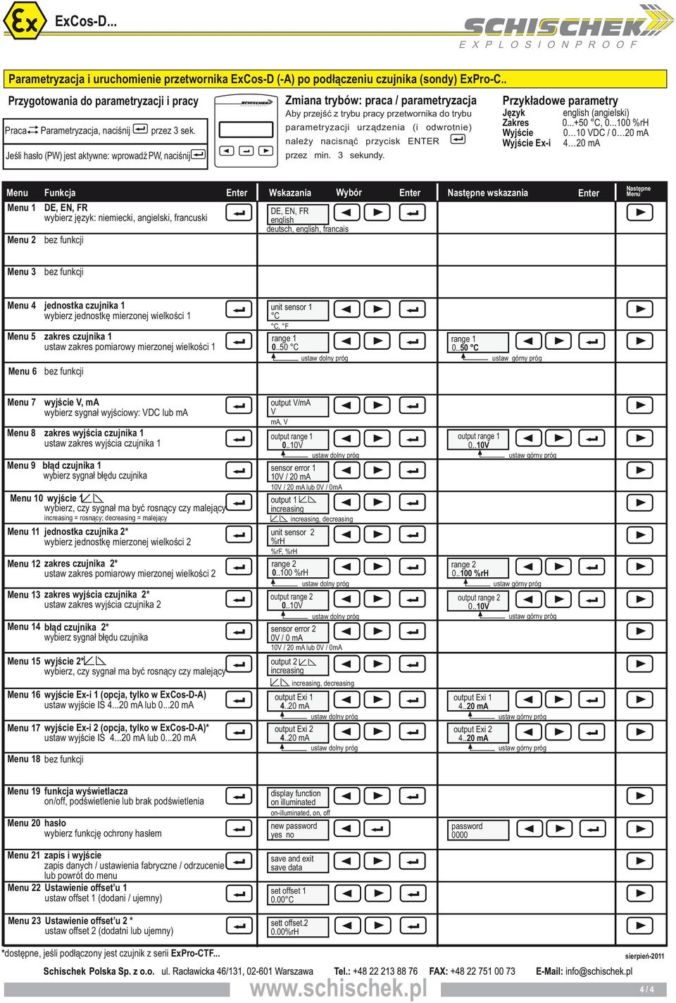 urz¹dzenia (i odwrotnie) nale y nacisn¹æ przycisk ENTER przez min 3 sekundy Przyk³adowe parametry Jêzyk english (angielski) Zakres 0+50 C, 0100 %rh Wyjœcie 0 10 VDC / 0 20 ma Wyjœcie Ex-i 4 20 ma