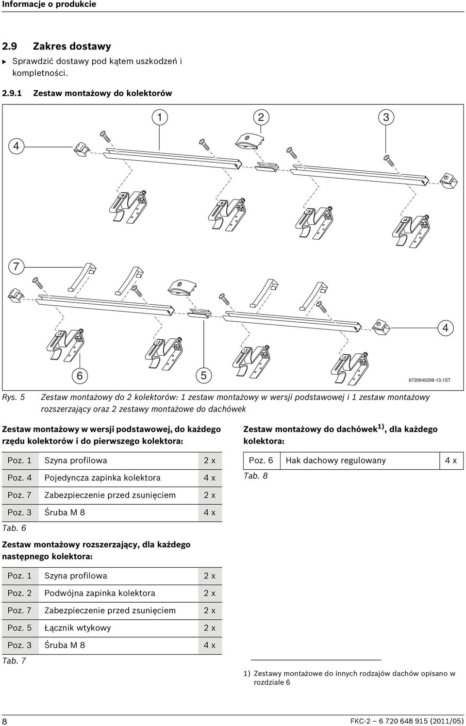 kolektorów i do pierwszego kolektora: Poz. Szyna profilowa x Poz. Pojedyncza zapinka kolektora x Zestaw montażowy do dachówek ), dla każdego kolektora: Poz. 6 Hak dachowy regulowany x Tab. 8 Poz.