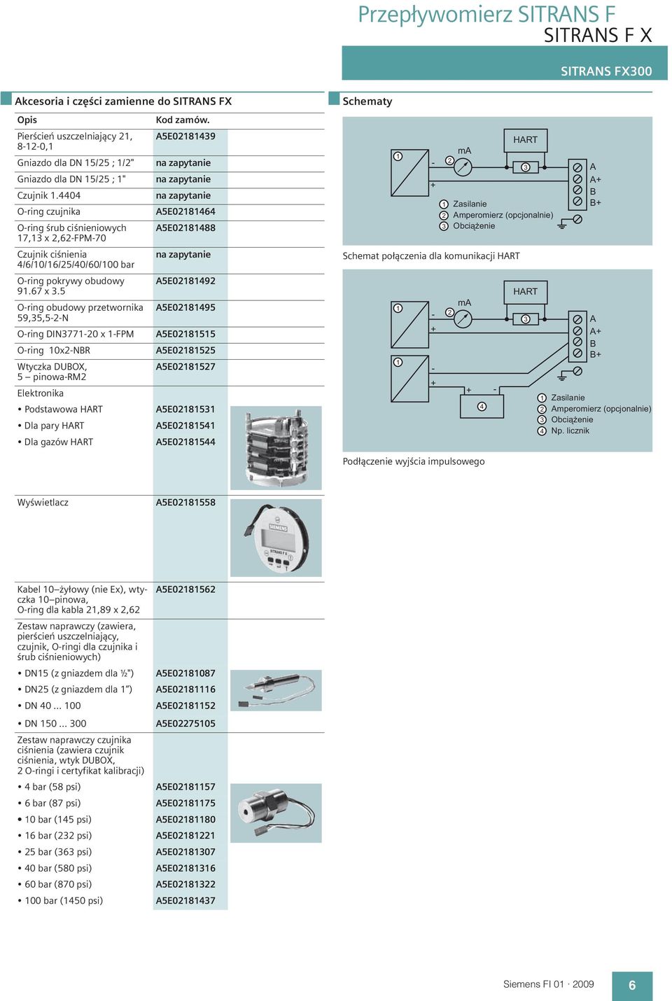 5 O-ring obudowy przetwornika A5E02181495 59,35,5-2-N O-ring DIN3771-20 x 1-FPM A5E02181515 O-ring 10x2-NBR A5E02181525 Wtyczka DUBOX, A5E02181527 5 pinowa-rm2 Elektronika Podstawowa HART A5E02181531