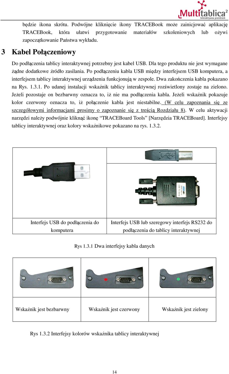 Po podłączeniu kabla USB między interfejsem USB komputera, a interfejsem tablicy interaktywnej urządzenia funkcjonują w zespole. Dwa zakończenia kabla pokazano na Rys. 1.