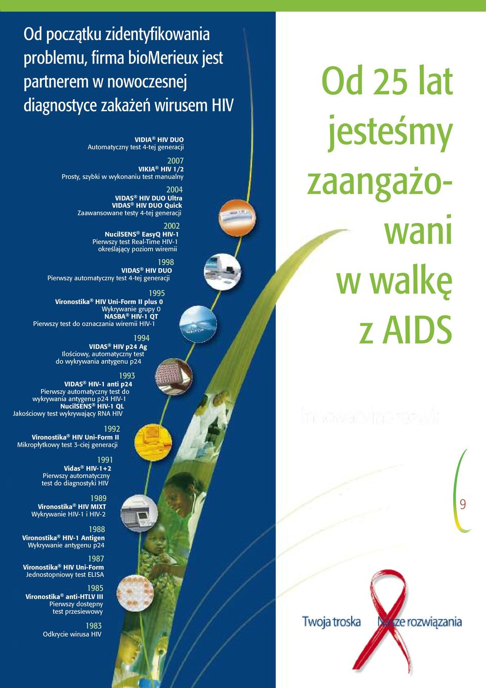 DUO Pierwzy automatyczny tet 4-tej generacji 1995 Vironotika HIV Uni-Form II plu 0 Wykrywanie grupy 0 NASBA HIV-1 QT Pierwzy tet do oznaczania wiremii HIV-1 1994 VIDAS HIV p24 Ag Ilościowy,