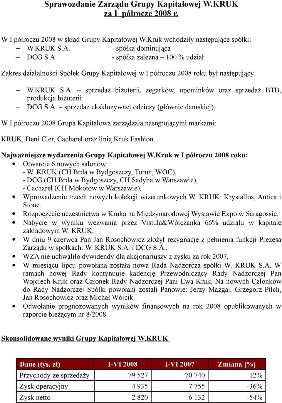 A. sprzedaż ekskluzywnej dzieży (głównie damskiej), W I półrczu 2008 Grupa Kapitałwa zarządzała następującymi markami: KRUK, Deni Cler, Cacharel raz linią Kruk Fashin.