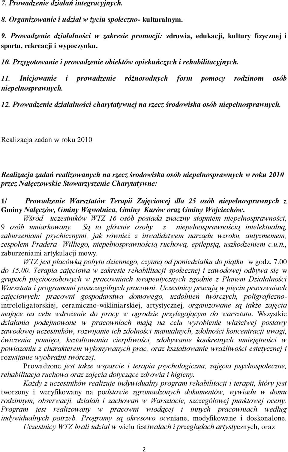 Inicjowanie i prowadzenie różnorodnych form pomocy rodzinom osób niepełnosprawnych. 12. Prowadzenie działalności charytatywnej na rzecz środowiska osób niepełnosprawnych.