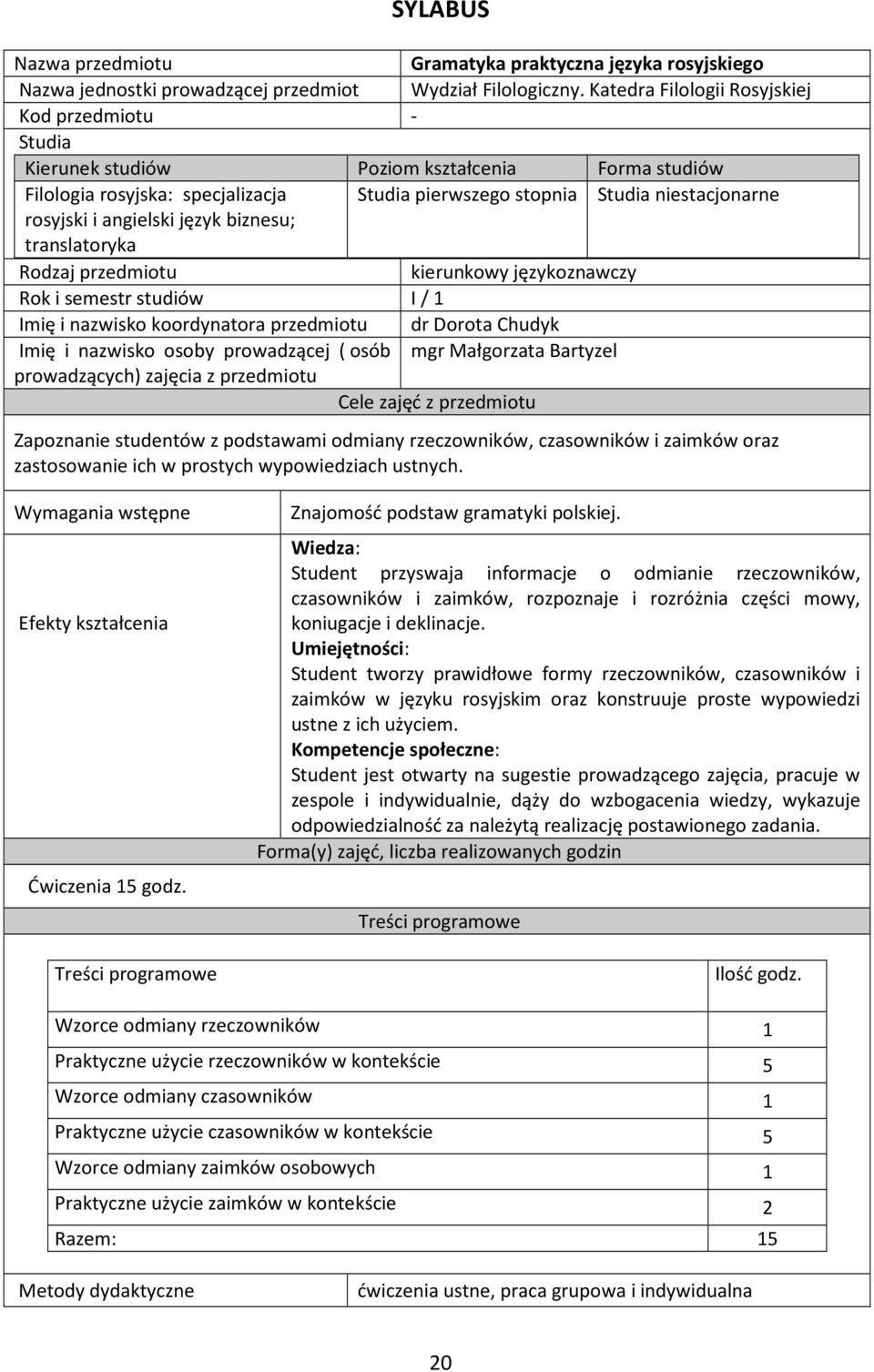 angielski język biznesu; translatoryka Rodzaj przedmiotu kierunkowy językoznawczy Rok i semestr studiów I / 1 Imię i nazwisko koordynatora przedmiotu dr Dorota Chudyk Imię i nazwisko osoby