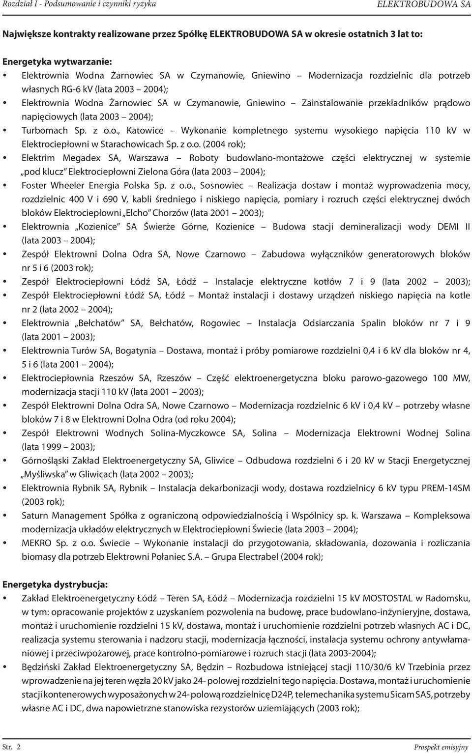 Turbomach Sp. z o.o., Katowice Wykonanie kompletnego systemu wysokiego napięcia 110 kv w Elektrociepłowni w Starachowicach Sp. z o.o. (2004 rok); Elektrim Megadex SA, Warszawa Roboty budowlano-montażowe części elektrycznej w systemie pod klucz Elektrociepłowni Zielona Góra (lata 2003 2004); Foster Wheeler Energia Polska Sp.