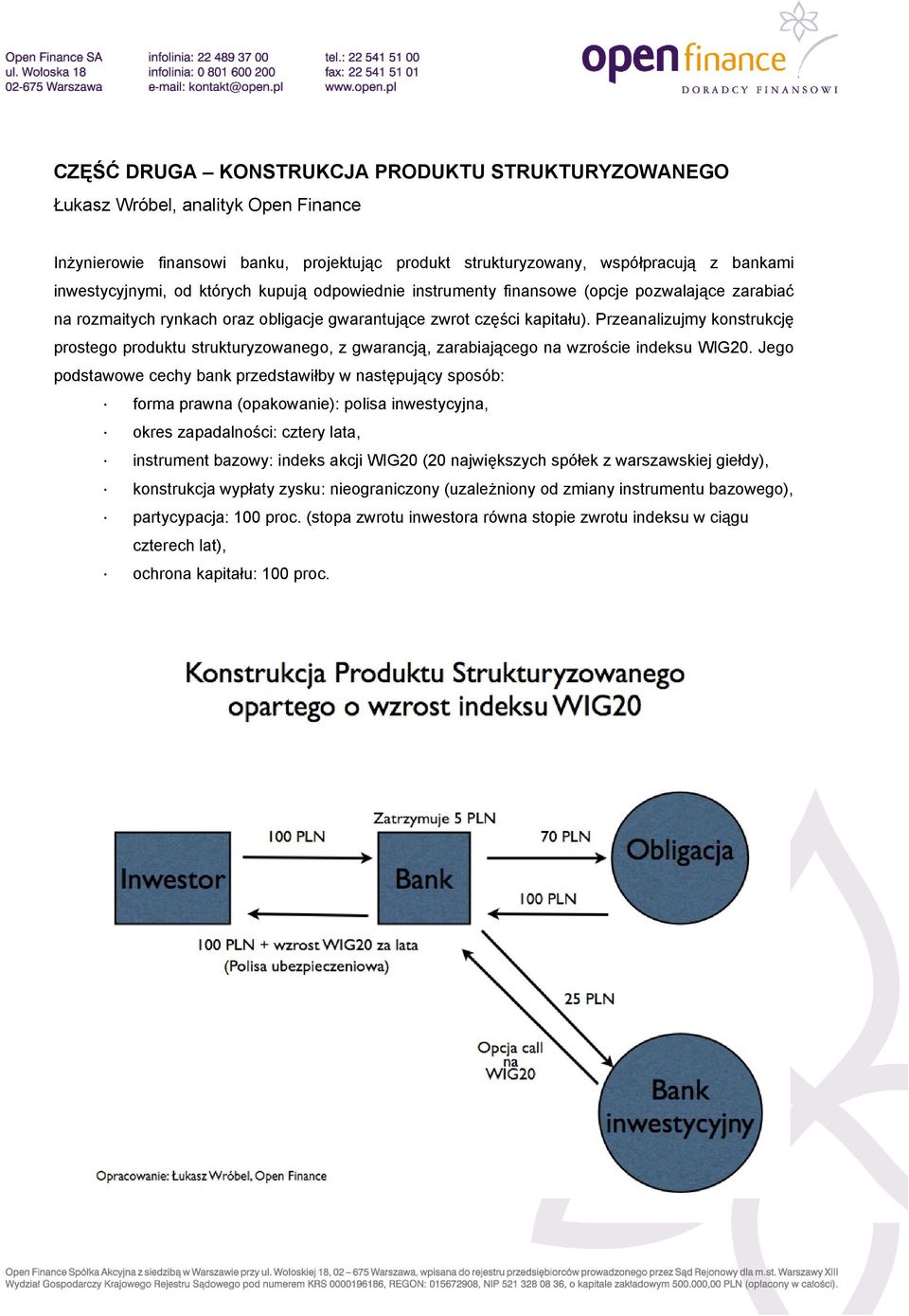 Przeanalizujmy konstrukcję prostego produktu strukturyzowanego, z gwarancją, zarabiającego na wzroście indeksu WIG20.