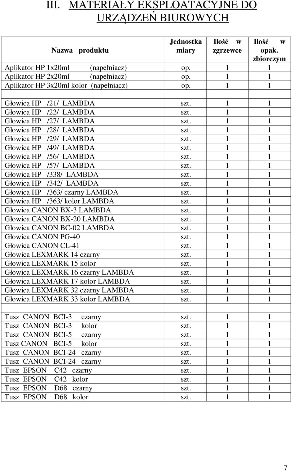 1 1 Głowica HP /56/ LAMBDA szt. 1 1 Głowica HP /57/ LAMBDA szt. 1 1 Głowica HP /338/ LAMBDA szt. 1 1 Głowica HP /342/ LAMBDA szt. 1 1 Głowica HP /363/ czarny LAMBDA szt.