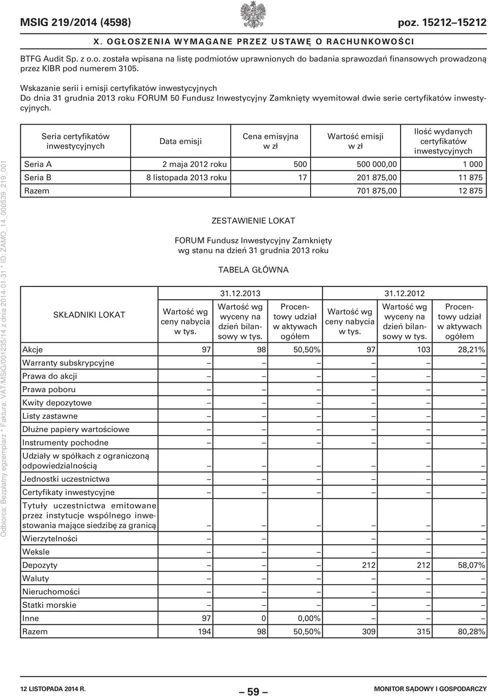 Seria certyfikatów inwestycyjnych Data emisji Cena emisyjna w zł Wartość emisji w zł Ilość wydanych certyfikatów inwestycyjnych Seria A 2 maja 2012 roku 500 500 000,00 1 000 Seria B 8 listopada 2013