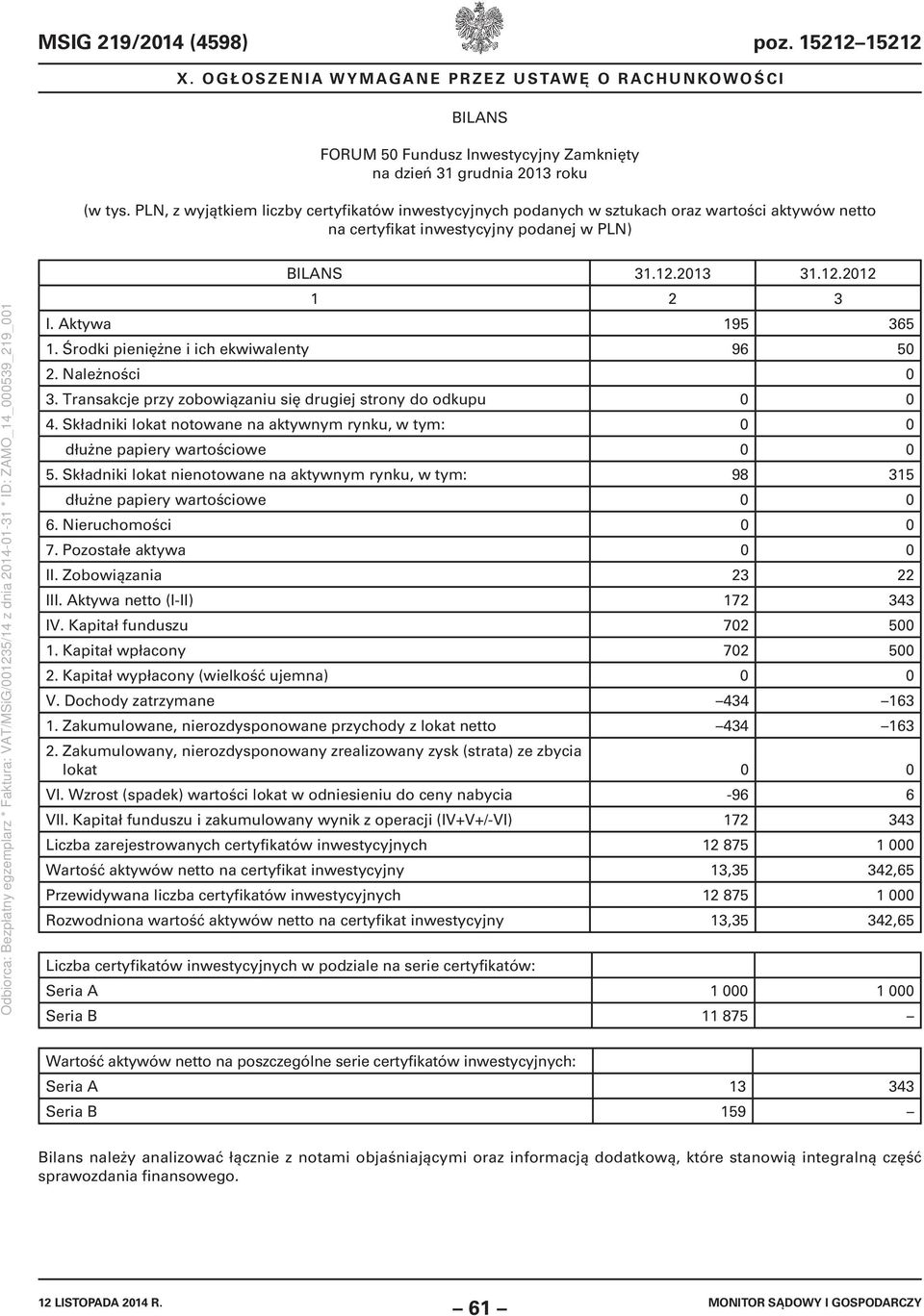 Transakcje przy zobowiązaniu się drugiej strony do odkupu 0 0 4. Składniki lokat notowane na aktywnym rynku, w tym: 0 0 dłużne papiery wartościowe 0 0 5.