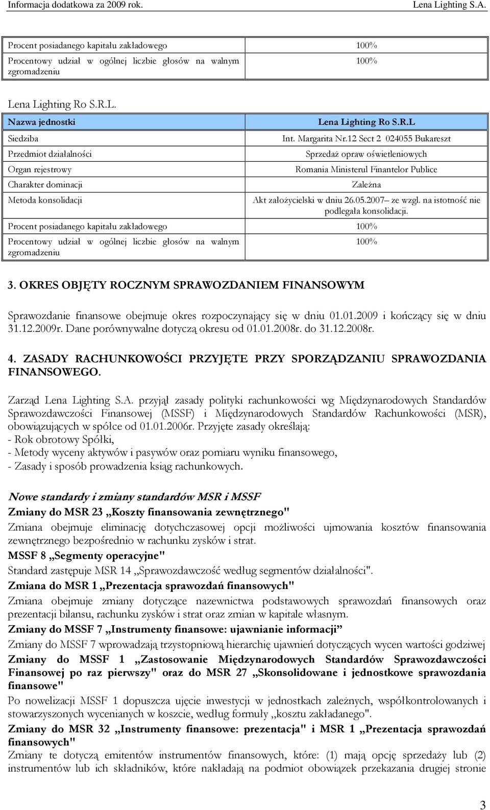 12 Sect 2 024055 Bukareszt Sprzedaż opraw oświetleniowych Romania Ministerul Finantelor Publice Zależna Akt założycielski w dniu 26.05.2007 ze wzgl. na istotność nie podlegała konsolidacji.