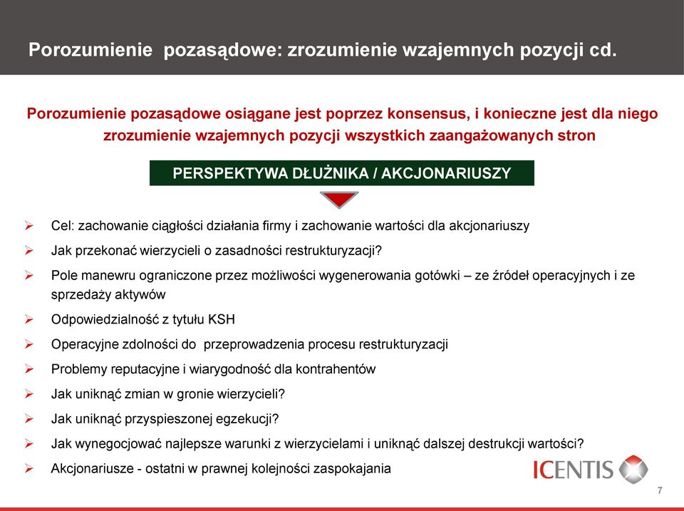 ciągłości działania firmy i zachowanie wartości dla akcjonariuszy Jak przekonać wierzycieli o zasadności restrukturyzacji?