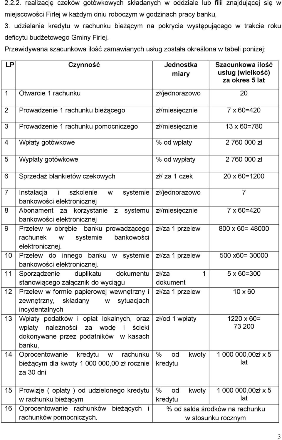 Przewidywana szacunkowa ilość zamawianych usług została określona w tabeli poniżej: LP Czynność Jednostka miary Szacunkowa ilość usług (wielkość) za okres 5 lat 1 Otwarcie 1 rachunku zł/jednorazowo