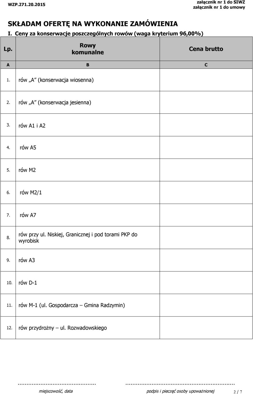 rów M2 6. rów M2/1 7. rów A7 8. rów przy ul. Niskiej, Granicznej i pod torami PKP do wyrobisk 9. rów A3 10. rów D-1 11.