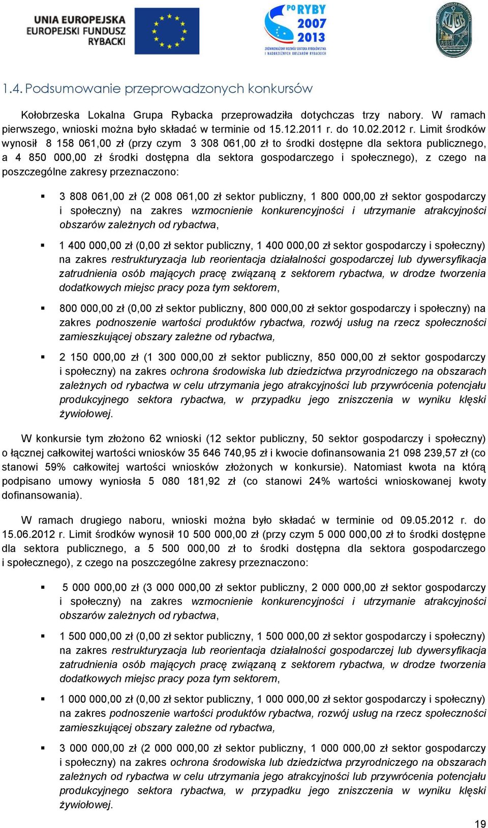 Limit środków wynosił 8 158 061,00 zł (przy czym 3 308 061,00 zł to środki dostępne dla sektora publicznego, a 4 850 000,00 zł środki dostępna dla sektora gospodarczego i społecznego), z czego na