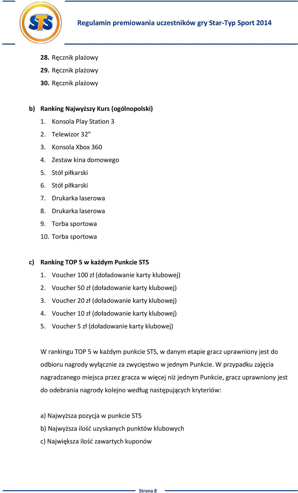 Voucher 50 zł (doładowanie karty klubowej) 3. Voucher 20 zł (doładowanie karty klubowej) 4. Voucher 10 zł (doładowanie karty klubowej) 5.