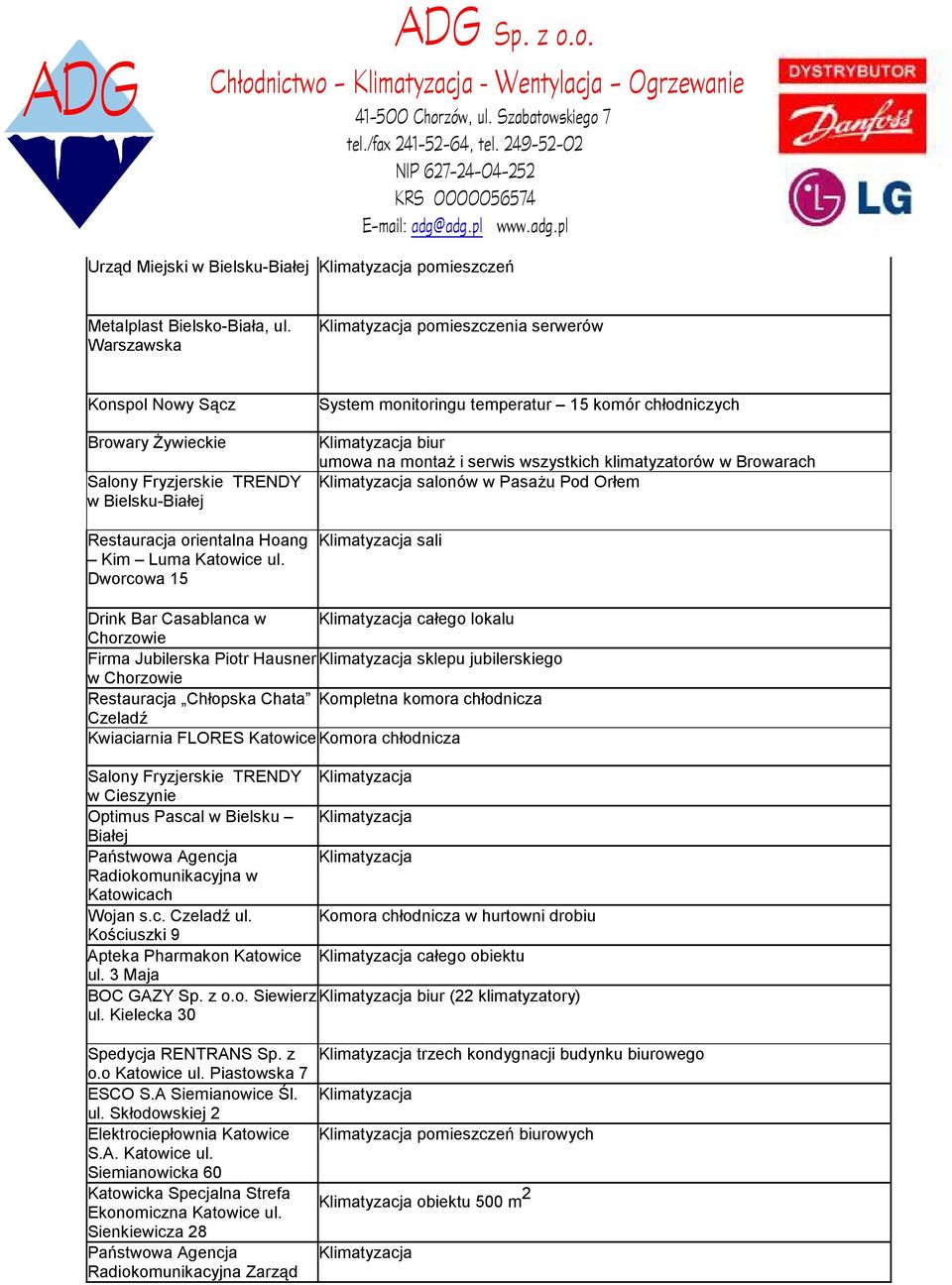 Dworcowa 15 System monitoringu temperatur 15 komór chłodniczych Klimatyzacja biur umowa na montaŝ i serwis wszystkich klimatyzatorów w Browarach Klimatyzacja salonów w PasaŜu Pod Orłem Klimatyzacja