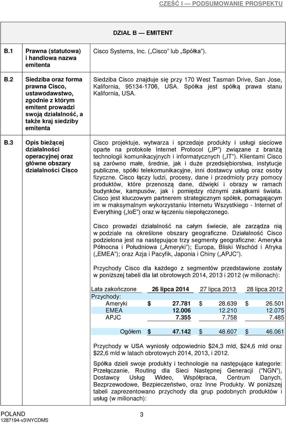 3 Opis bieżącej działalności operacyjnej oraz główne obszary działalności Cisco Cisco Systems, Inc. ( Cisco lub Spółka ).