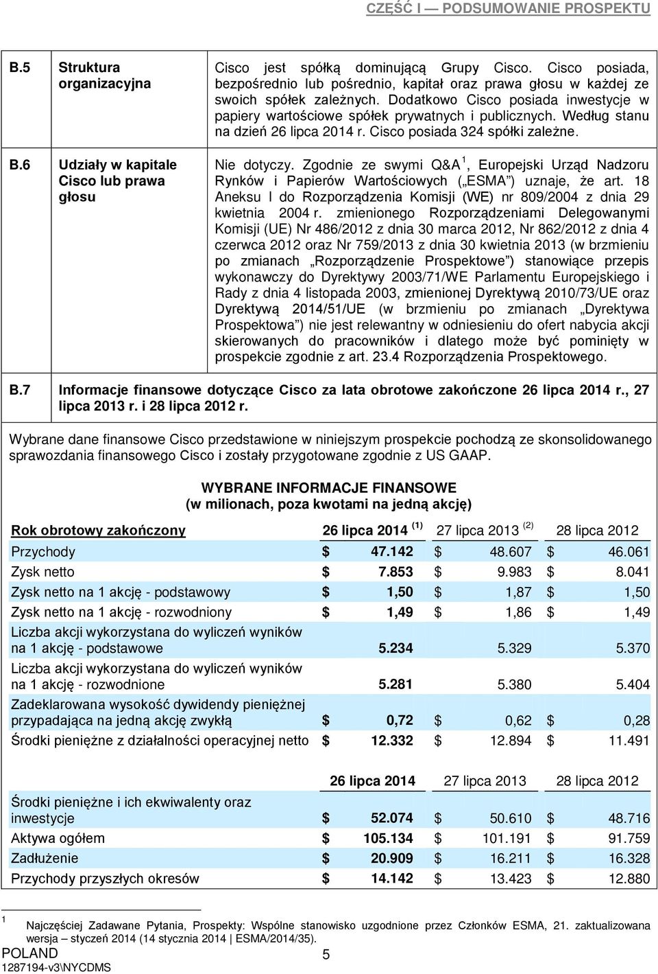 Według stanu na dzień 26 lipca 2014 r. Cisco posiada 324 spółki zależne. Nie dotyczy. Zgodnie ze swymi Q&A 1, Europejski Urząd Nadzoru Rynków i Papierów Wartościowych ( ESMA ) uznaje, że art.