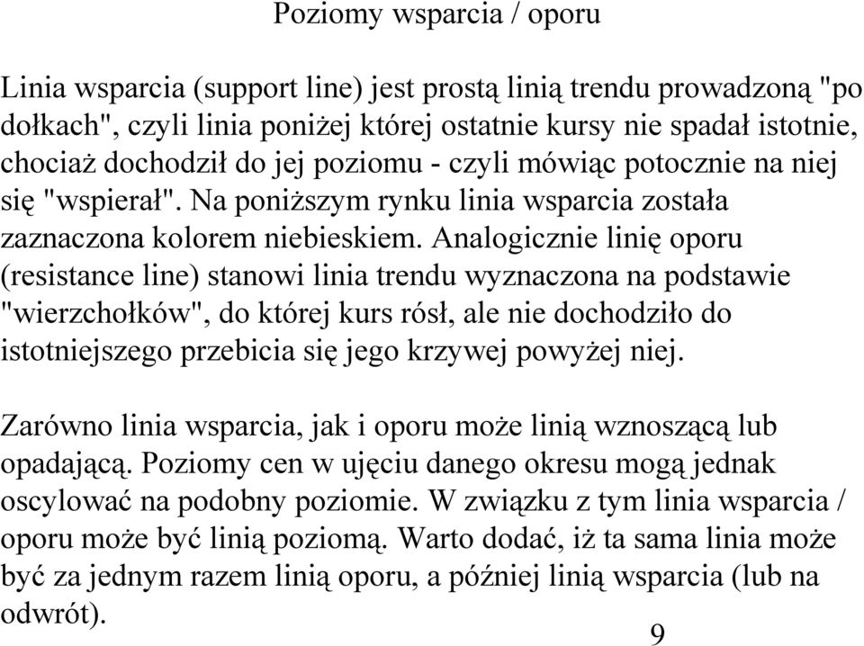 Analogicznie linię oporu (resistance line) stanowi linia trendu wyznaczona na podstawie "wierzchołków", do której kurs rósł, ale nie dochodziło do istotniejszego przebicia się jego krzywej powyżej