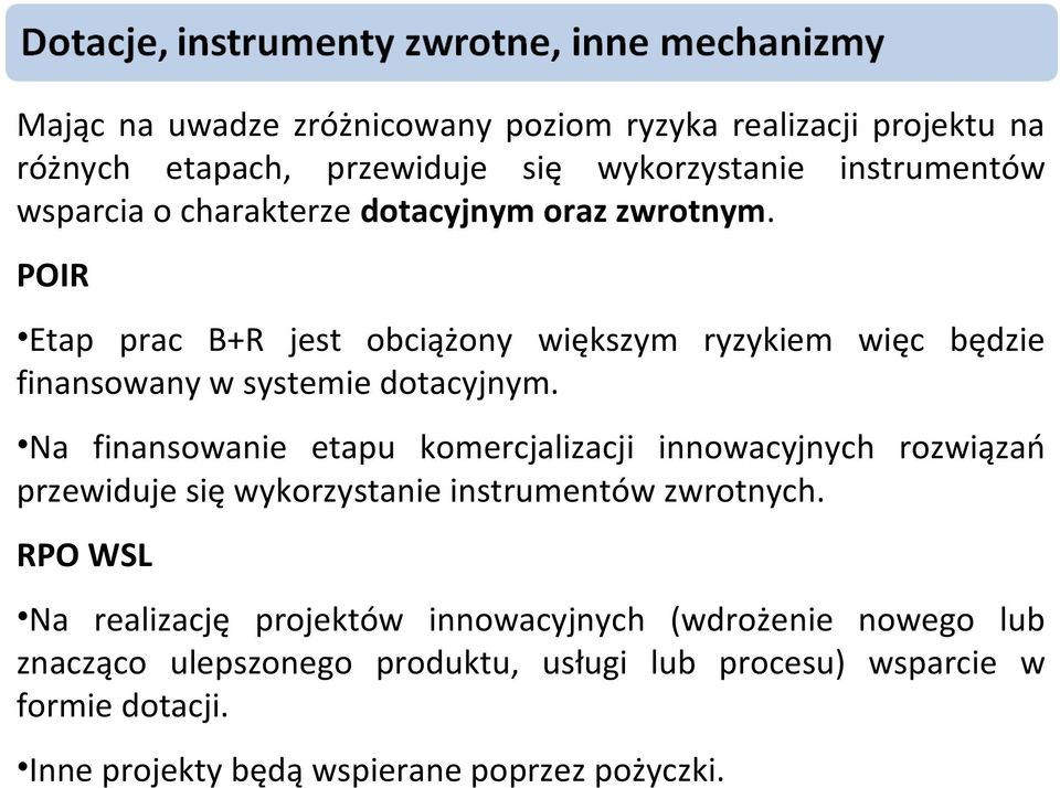 Na finansowanie etapu komercjalizacji innowacyjnych rozwiązań przewiduje się wykorzystanie instrumentów zwrotnych.