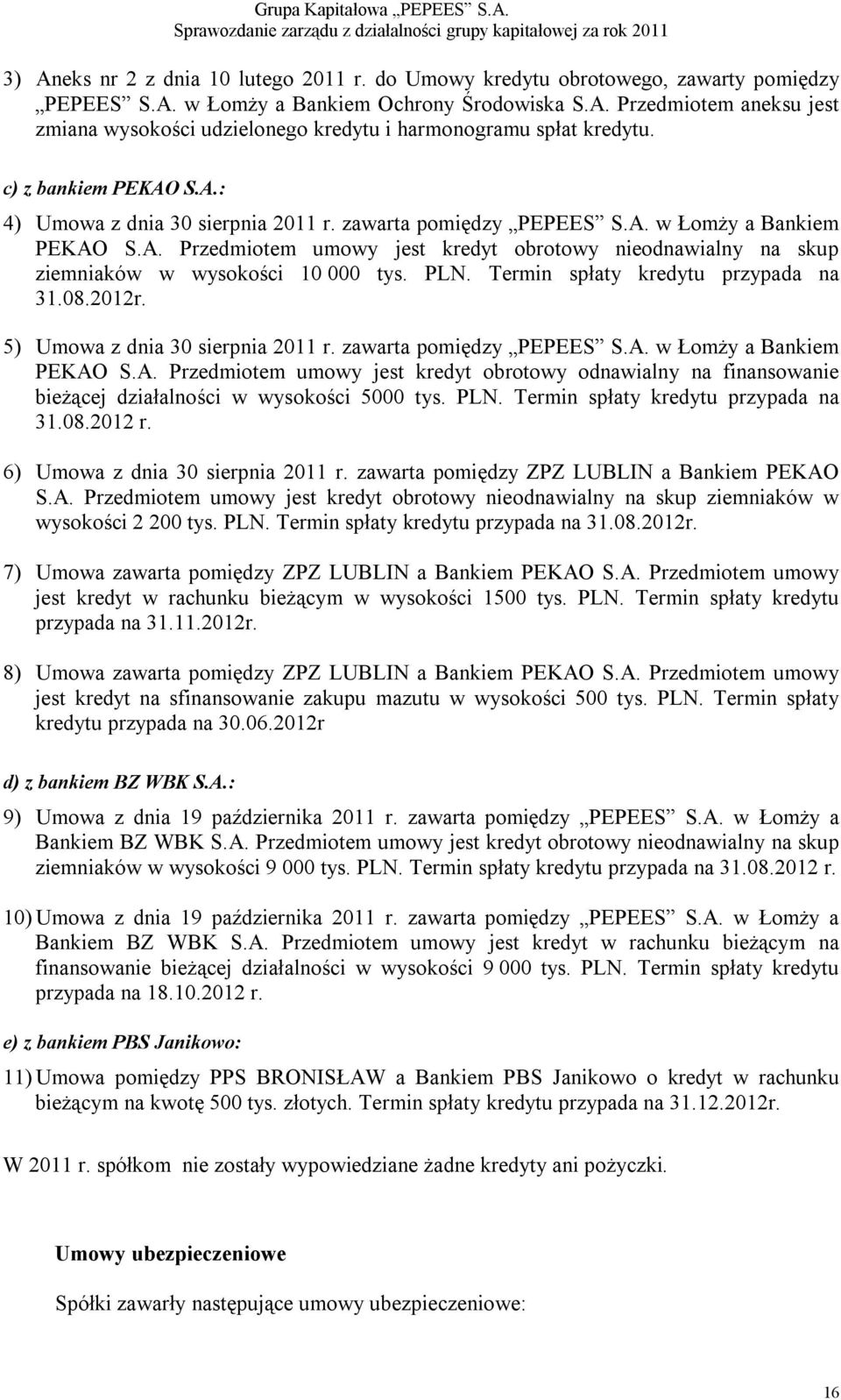 PLN. Termin spłaty kredytu przypada na 31.08.2012r. 5) Umowa z dnia 30 sierpnia 2011 r. zawarta pomiędzy PEPEES S.A.