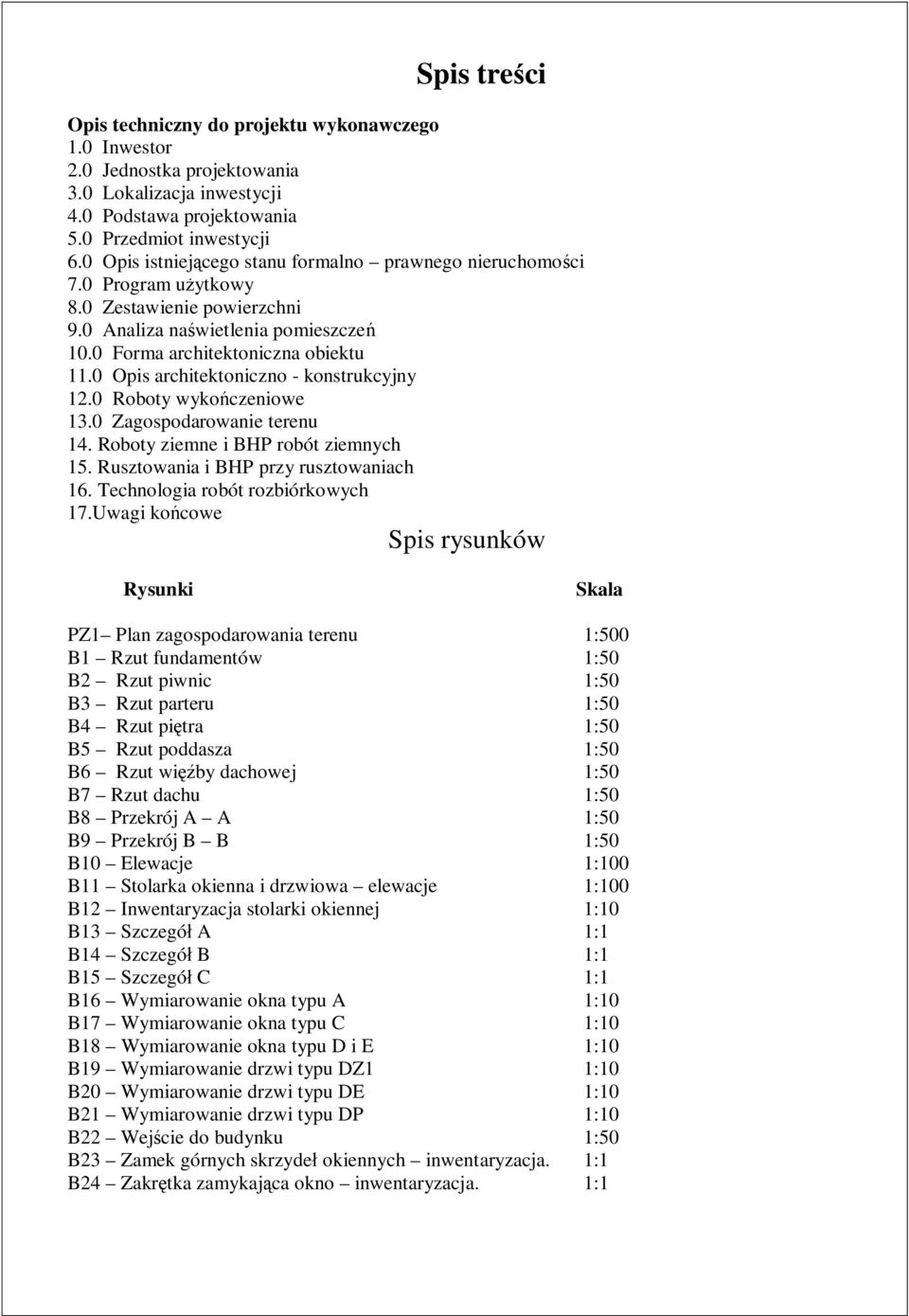 0 Opis architektoniczno - konstrukcyjny 12.0 Roboty wykoczeniowe 13.0 Zagospodarowanie terenu 14. Roboty ziemne i BHP robót ziemnych 15. Rusztowania i BHP przy rusztowaniach 16.