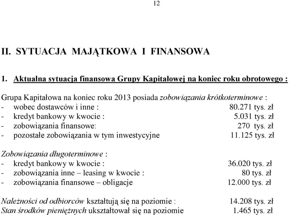 inne : 80.271 tys. zł - kredyt bankowy w kwocie : 5.031 tys. zł - zobowiązania finansowe: 270 tys. zł - pozostałe zobowiązania w tym inwestycyjne 11.125 tys.