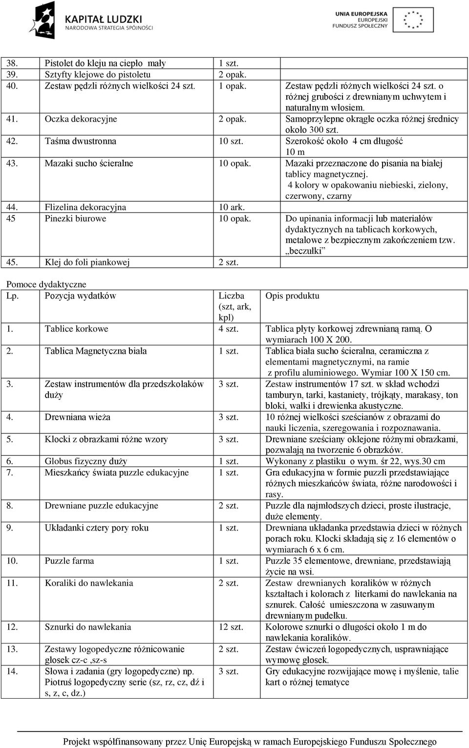 Mazaki przeznaczone do pisania na białej tablicy magnetycznej. 4 kolory w opakowaniu niebieski, zielony, czerwony, czarny 44. Flizelina dekoracyjna 10 ark. 45 Pinezki biurowe 10 opak.