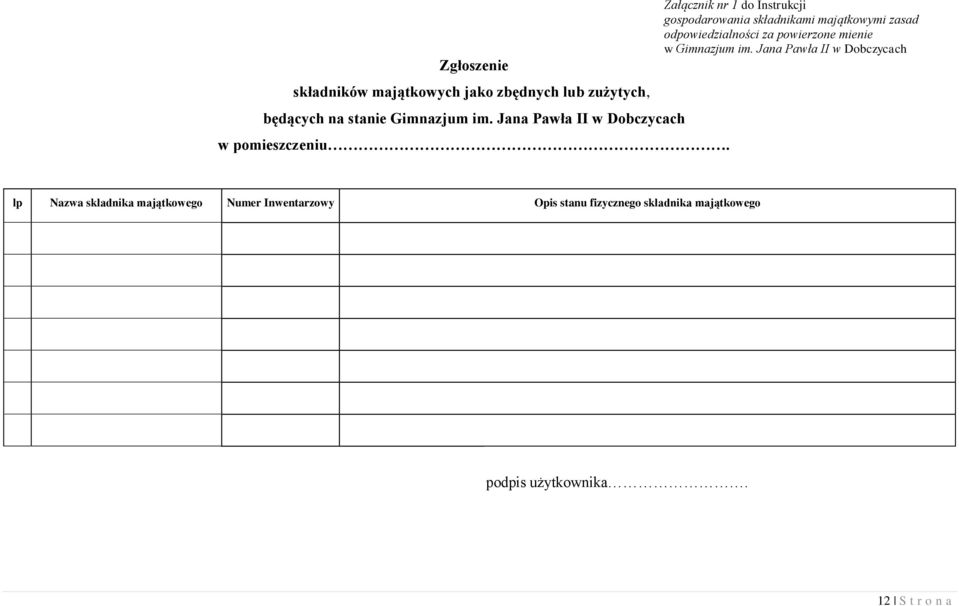 Załącznik nr 1 do Instrukcji gospodarowania składnikami majątkowymi zasad odpowiedzialności za powierzone